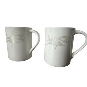 MIKASA Bone China Coffee Tea‎ Cups White Gray Rose w/Stem & Leaves (Set of 2)